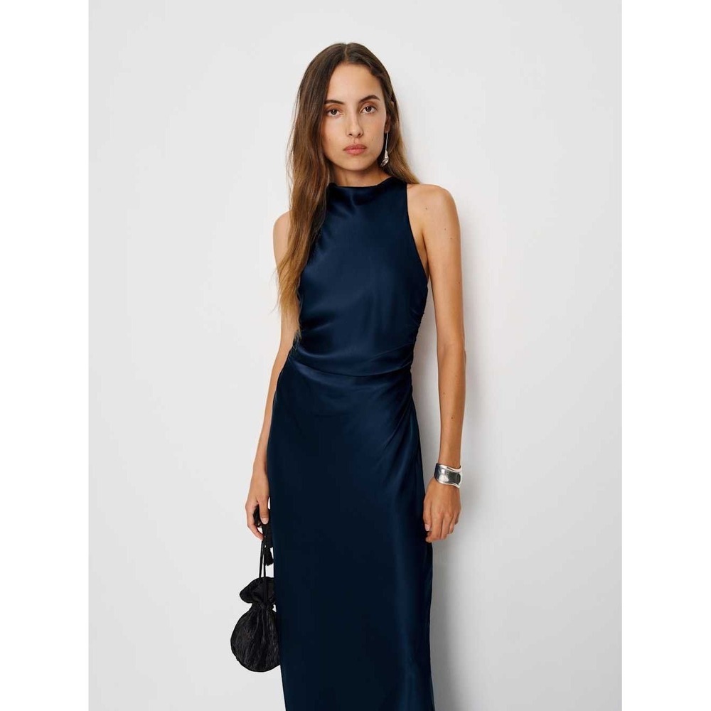 Reformation Anais Silk Maxi Dress Navy Blue Open Back High Neck Formal Gown NEW - Picture 4 of 7